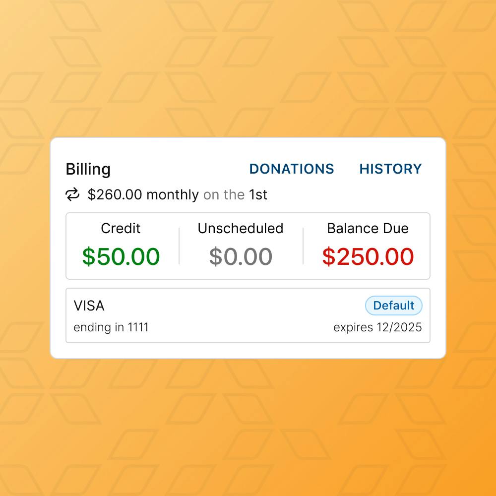 Billing summary showcasing Daxko's payment processing software features, including monthly charges, credit details, and balance due.