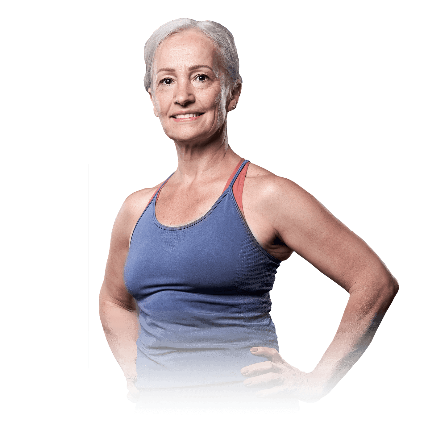 A woman with gray hair wearing a blue top.