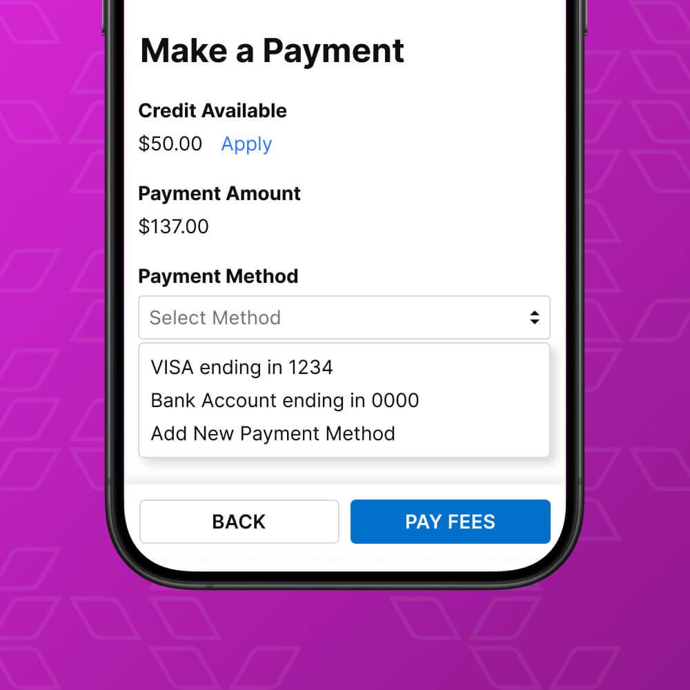 Payment page of Daxko's nonprofit financial software, highlighting the feature of multiple payment methods to simplify payments.