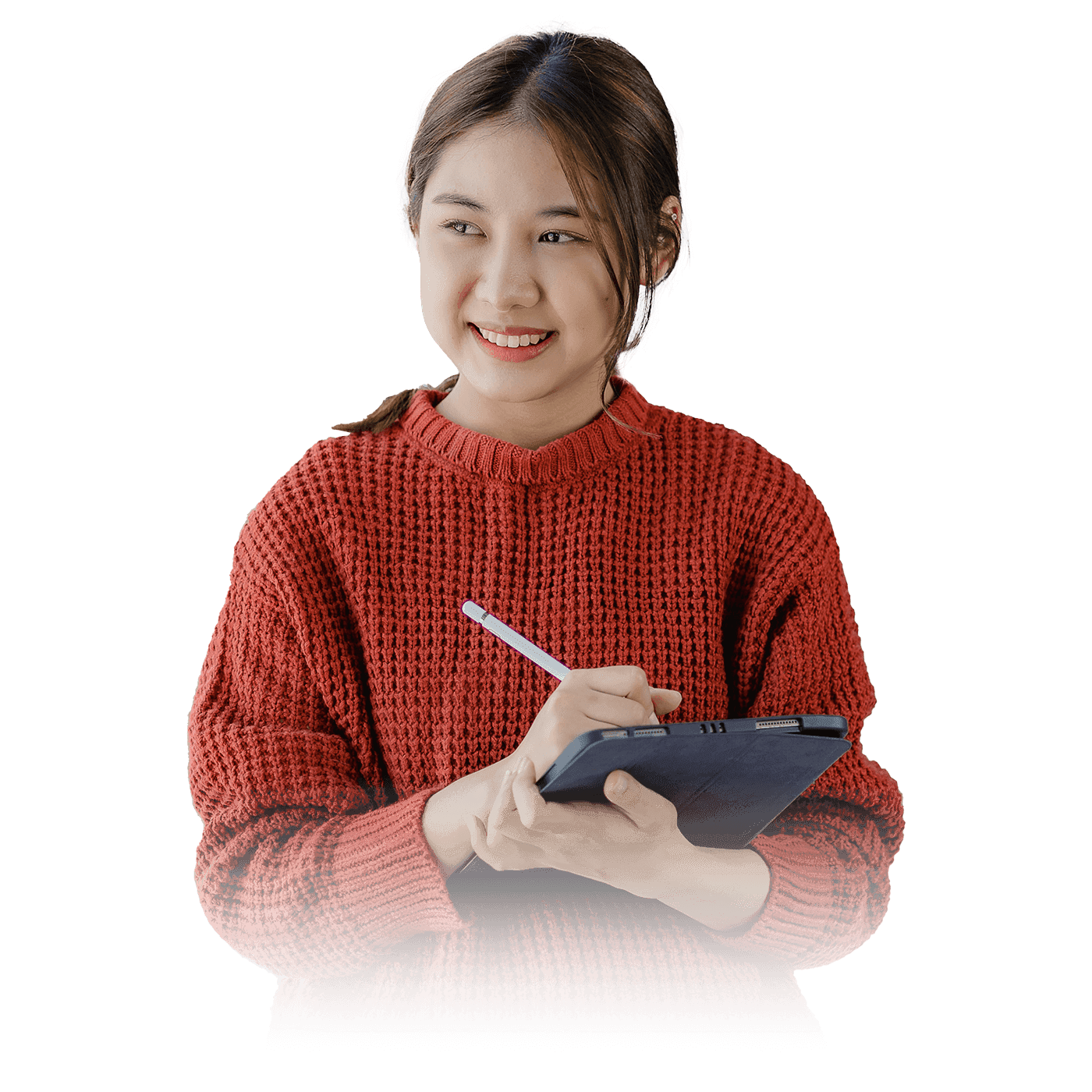 A girl in a red top holding an electronic notepad and stylus.