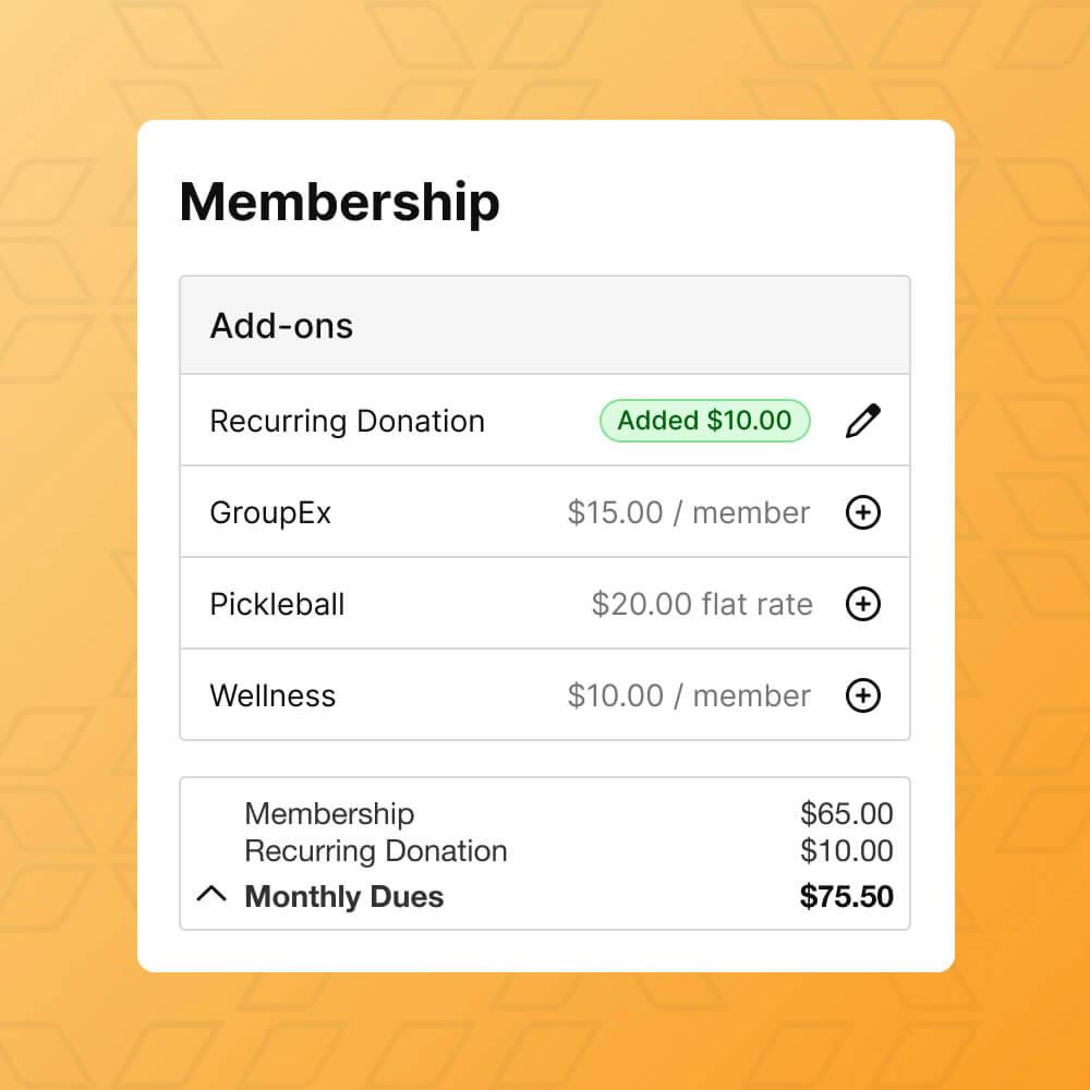 Add-ons on the payment page in Daxko's nonprofit CRM software, showcasing ease of recurring membership donations.
