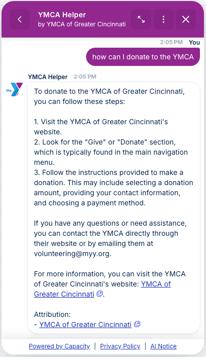 Example of a YMCA chatbot assisting a potential donor