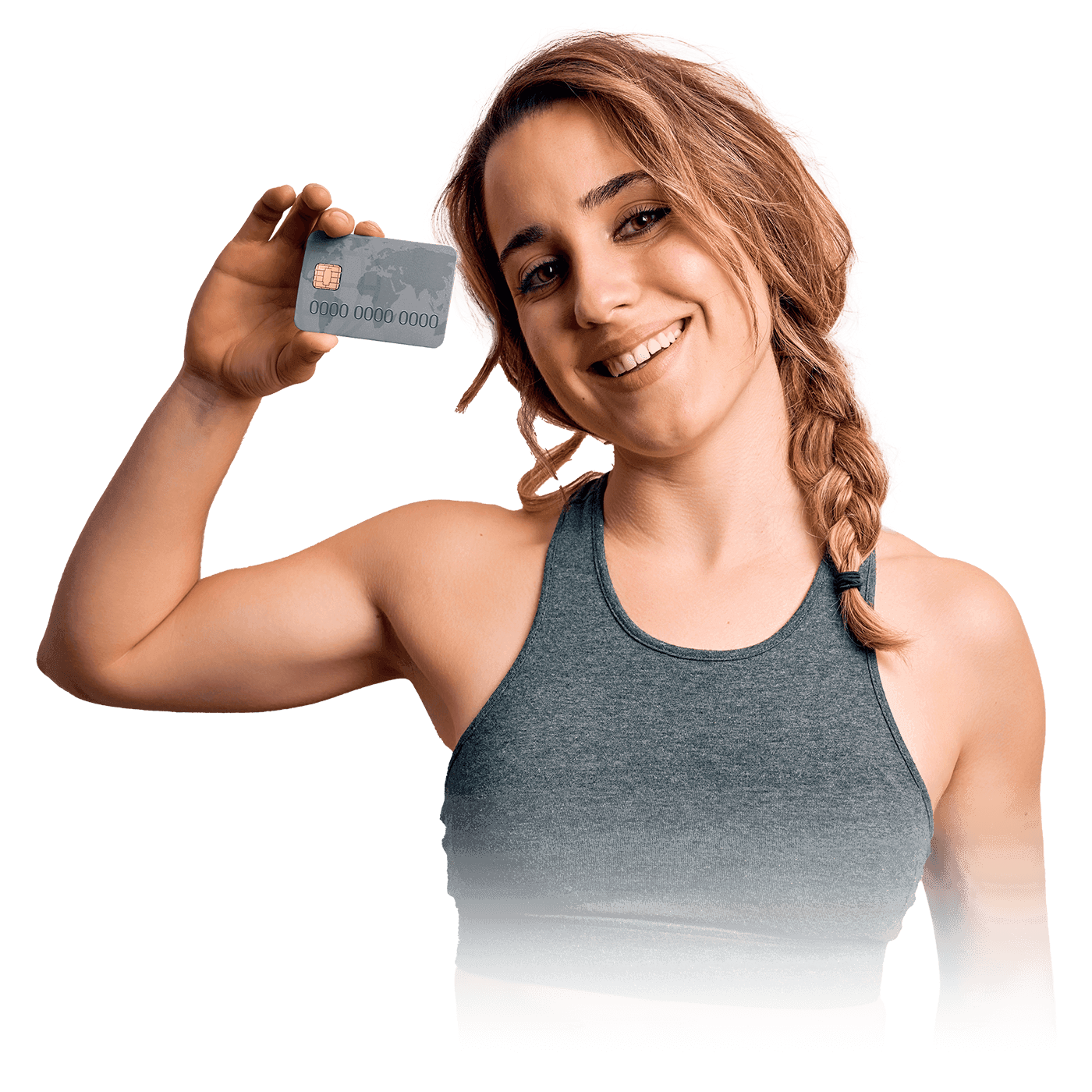 A woman in a gray top, holding a payment card in her hand.