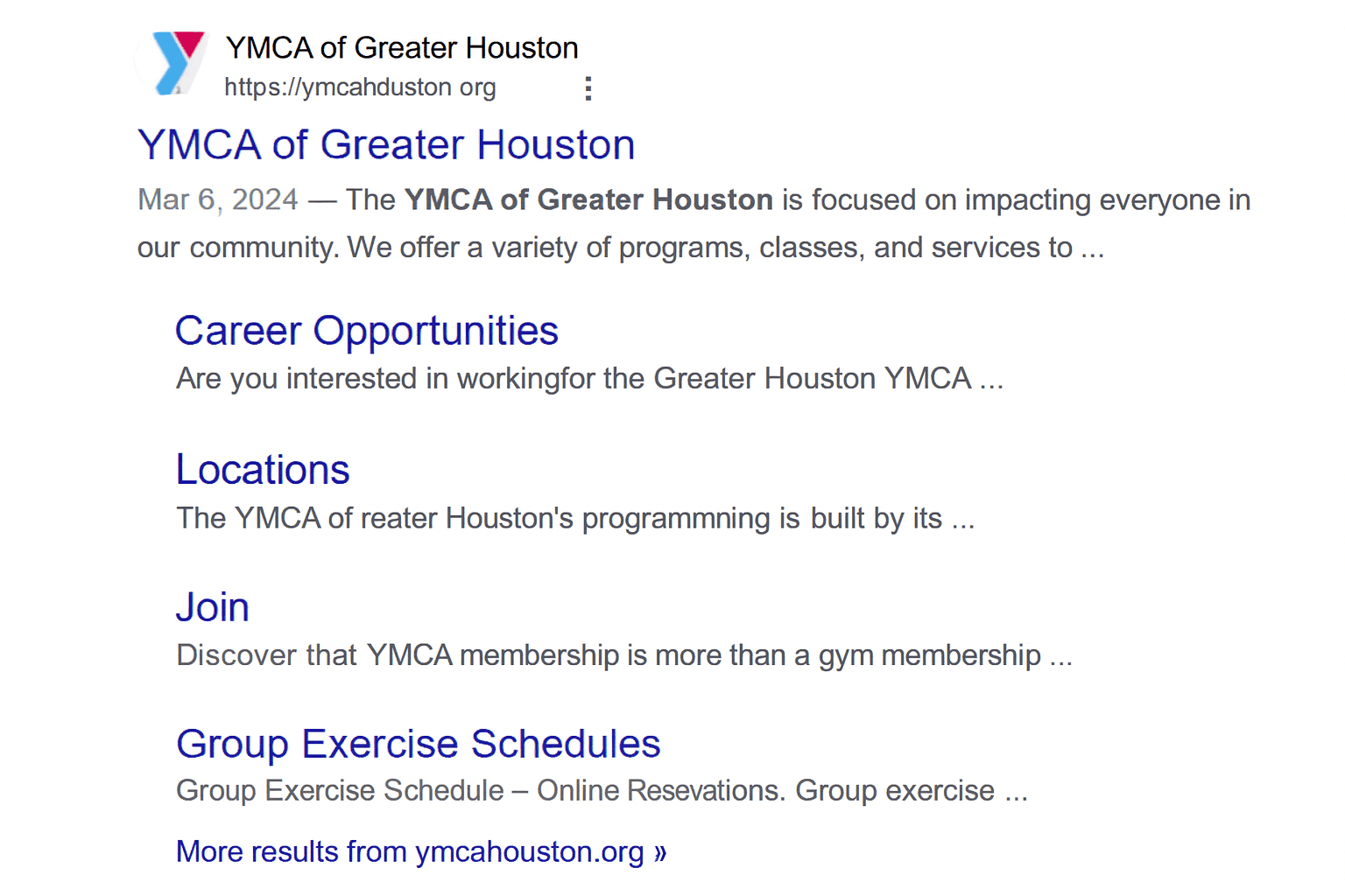 Google search results for YMCA of Greater Houston
