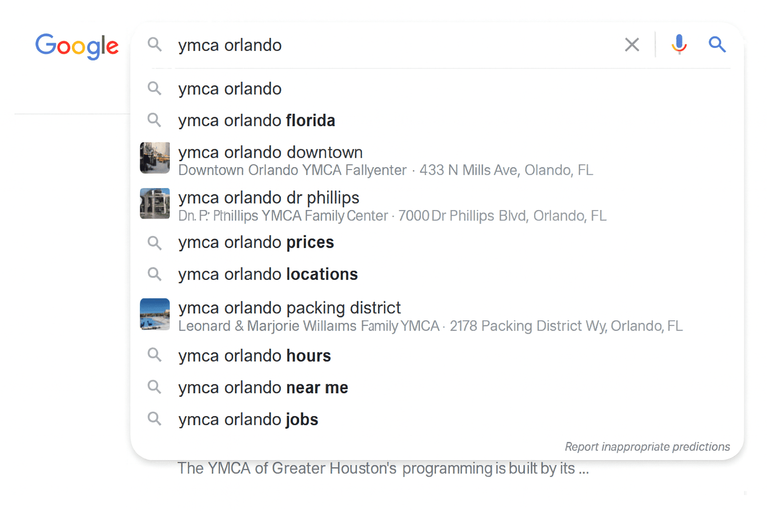 Google search results for YMCA Orlando