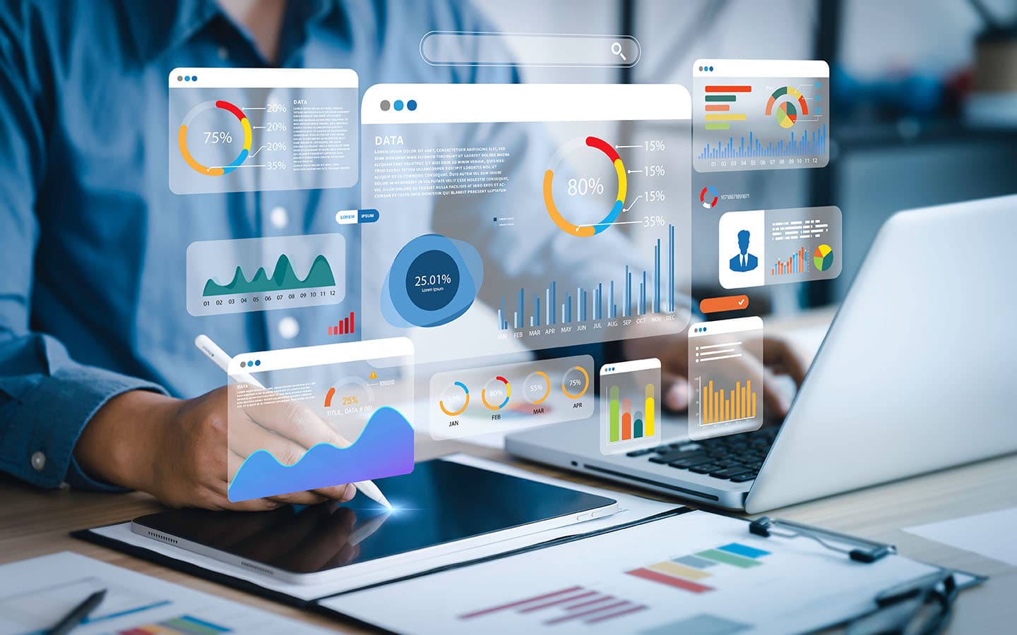 An analyst using a floating screen dashboard to demonstrate Daxko's integrated analytics for easy data analysis.