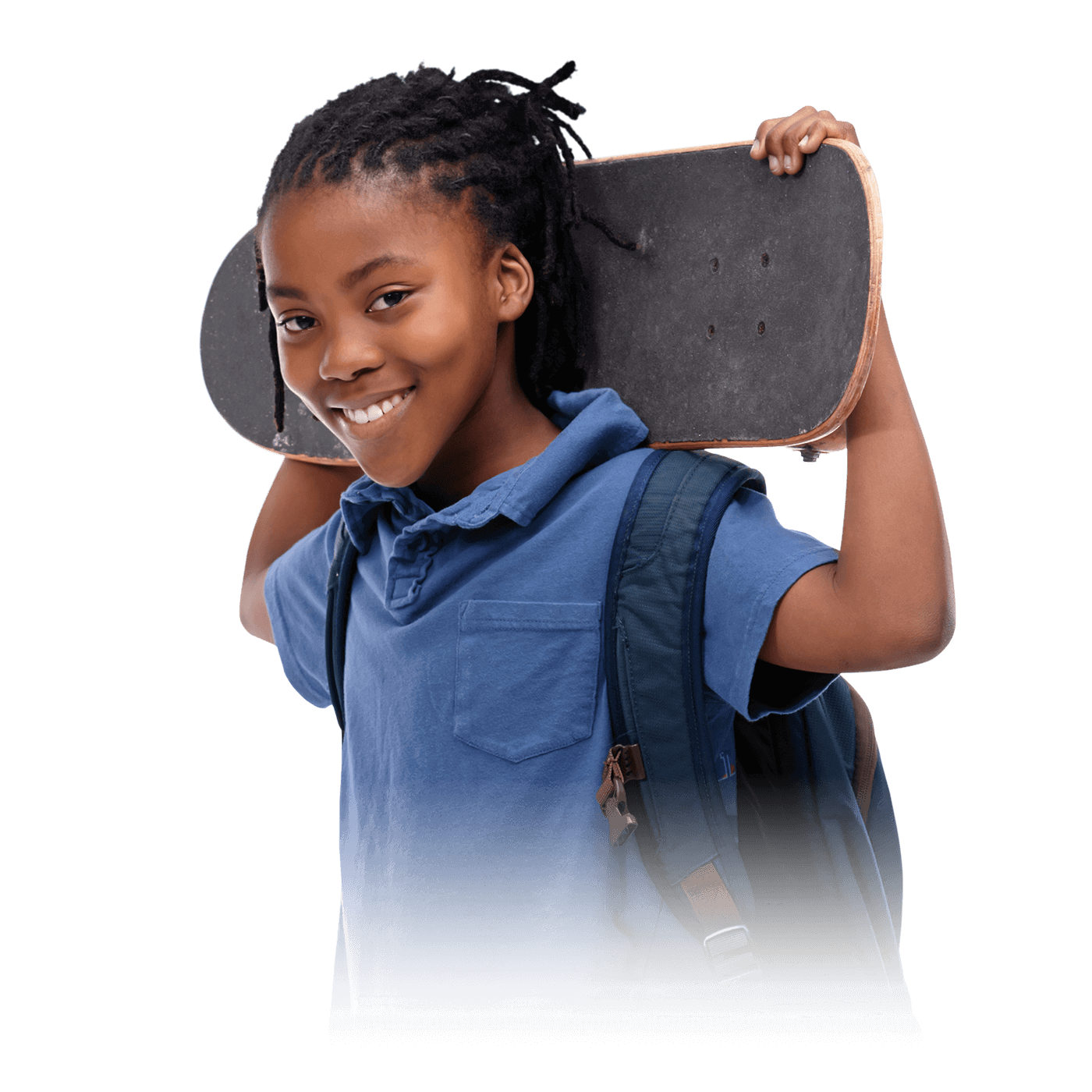 A young kid in a blue t-shirt, with a backpack on his back, holding a skateboard behind his head.