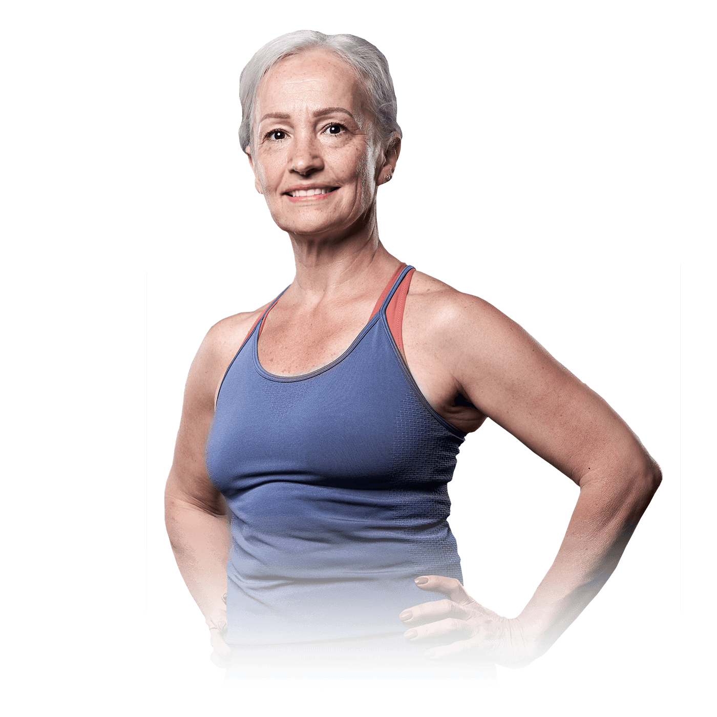 A woman with gray hair wearing a blue top.