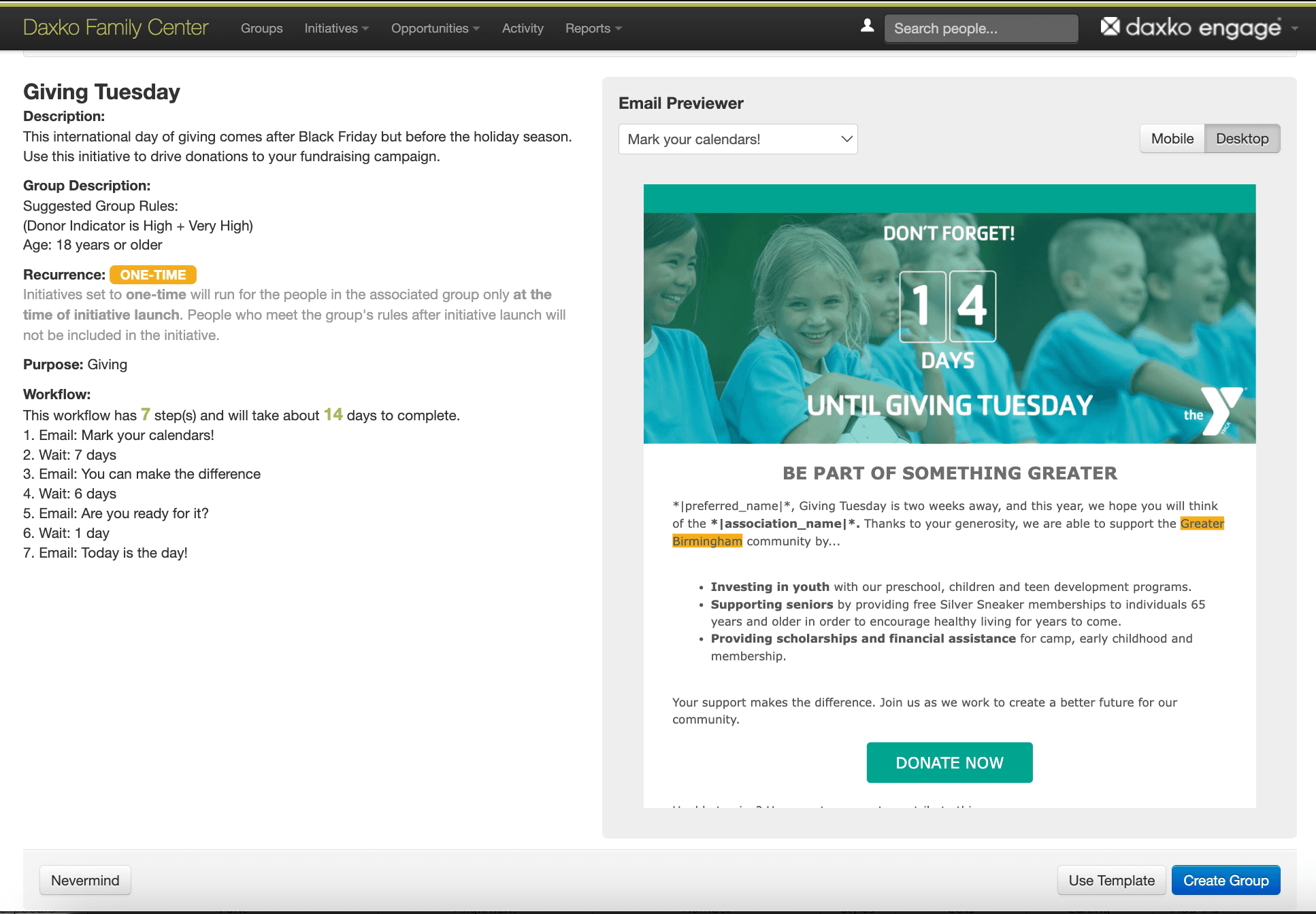 Email campaign preview for Giving Tuesday with countdown and donor impact highlights.