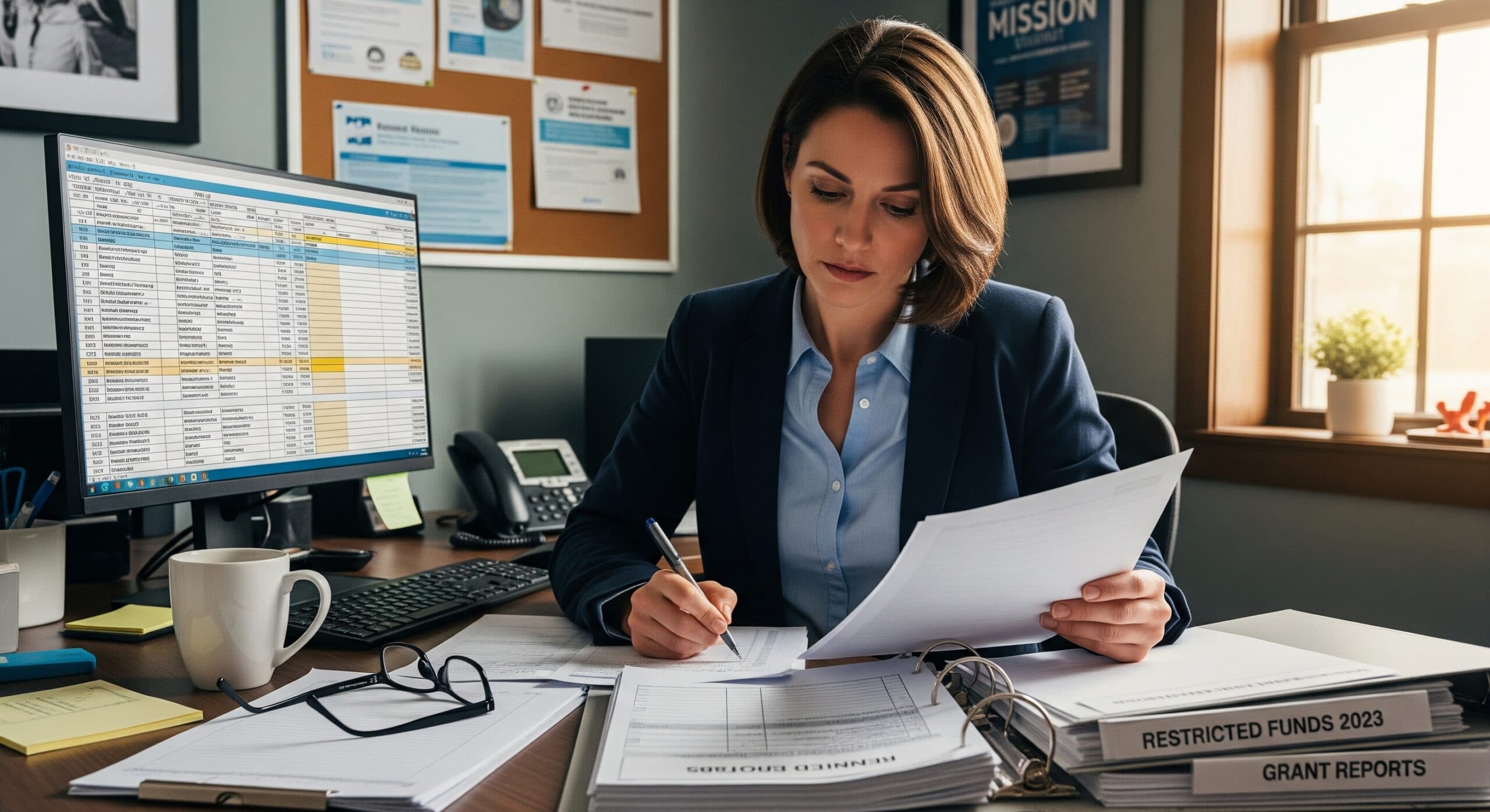 A nonprofit finance manager reviewing restricted fund reports