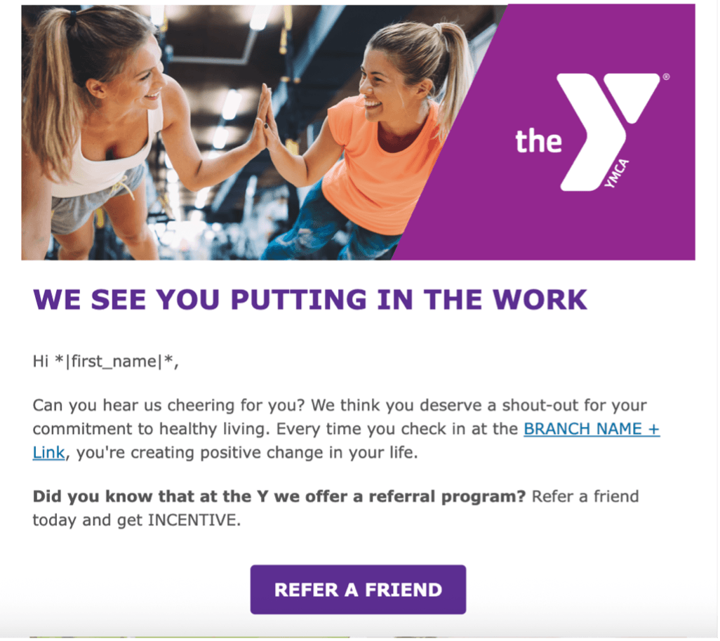 YMCA email celebrating member commitment with a message of encouragement and a call to refer a friend.