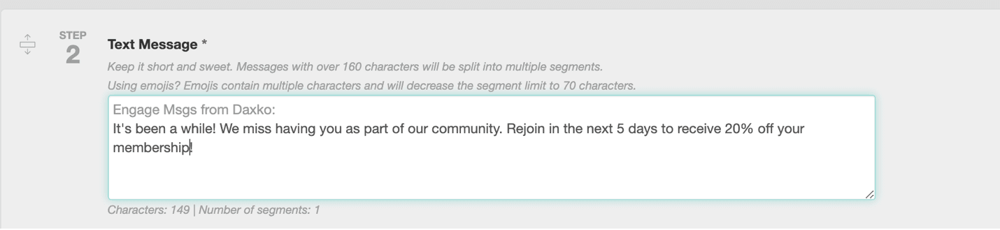 Daxko Engage text message screen drafting a “We miss you” outreach to re-engage inactive members.
